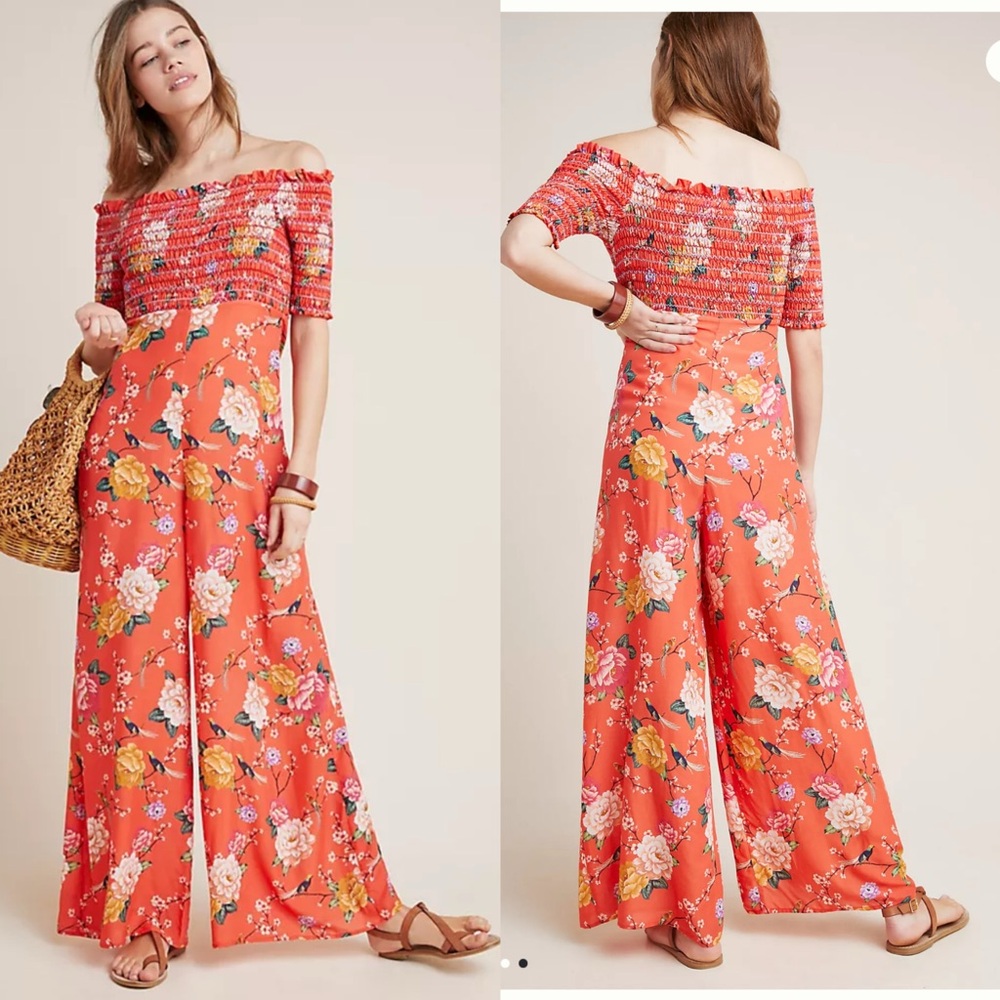 Anthropologie Farm Rio Paraiso Smocked Off Shoulder Floral Wide Leg Jumsuit Sz M